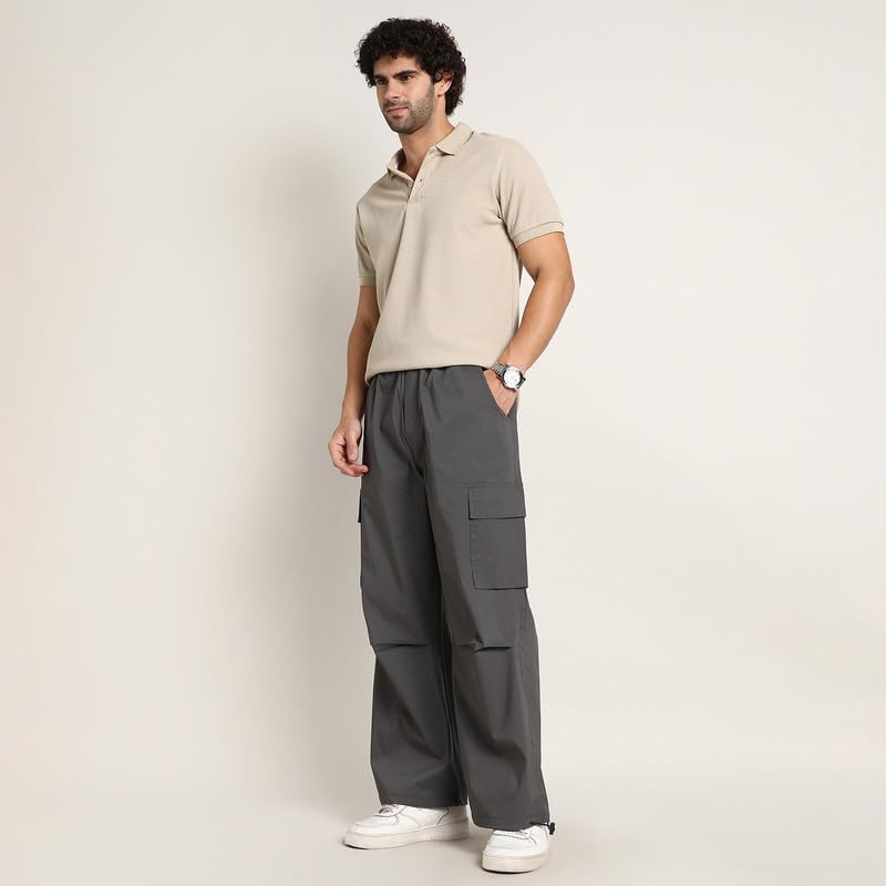 Image of CAHOOT Men's Cargo Trousers for Casual Wear | Mid-Rise | Relaxed Fit | Button Closure | Cargo Pants Crafted with Comfort Fit for Everyday Wear