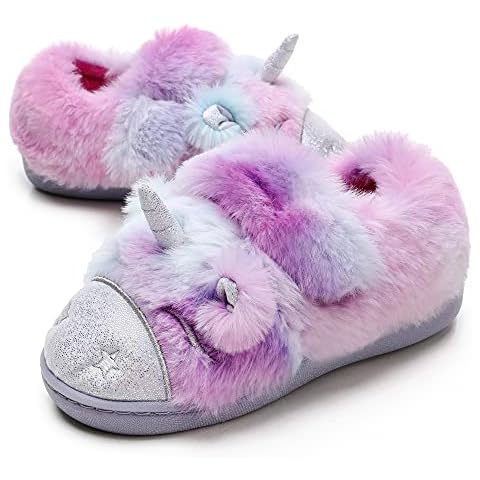 CORIFEI Fluffy Kids Toddler Slippers, Unicorn Dinosoar House Shoes with Adjustable Bands, Soft and Warm Memory Cushion Shoes in Winter Indoor Outdoor Cover
