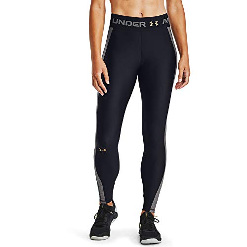 Under Armour Women's HeatGear Armour WordMark Leggings , Black (001)/Metallic Gold Luster , Medium