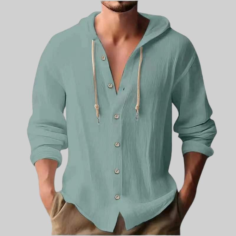 Men's Cotton-Linen Long-Sleeve Button-Down Shirt, Summer Cotton-Linen Hoodie, Long-Sleeve Shirt, Hooded Top