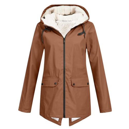 Gefütterte Regenjacke Damen Wasserdicht - Regenmantel Damen Gefüttert Warm Winterjacke mit Teddyfell Kapuze Outdoor Jacke Mantel Dicke Plüsch Wintermantel Wanderjacke...