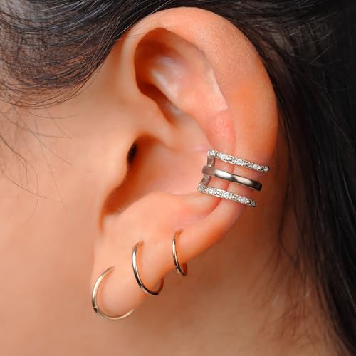 Gem Stone King 925 Sterling Silver White Lab Grown Diamond 3 Row Round Huggie Clip On Ear Cuff Earrings Non-Piercing Fine Jewelry For Women (0.10 Cttw, 10MM=0.40 Inch Diameter)4