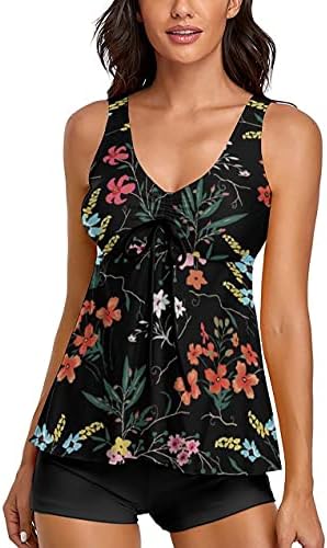 Cute Floral Tankini Swimsuits for Women Vinatge 50s Tummy Control Two Piece Bathing Suits Tank Top with Boyshorts Medium