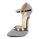 Obermaterial: künstliches PU WOkismD 16 cm Farbblock Stiletto High Heels für Frauen Perlen Metallabsatz Pumps Super Heels Sexy Spitzschuh Knöchelriemen Pumps Hochzeit Cross-Dressing Nette Abendschuhe,Schwarz,39