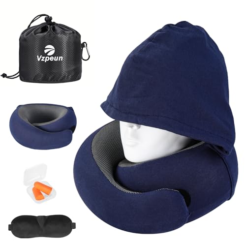 Image of Travel Pillow - Hooded Neck Pillow Airplane Memory Foam Filling for Plane, Office, Cars Sleeping, Road Trip, Long Flights, Airplane Travel Essentials, Includes Eye Mask & Earplugs (Navy)