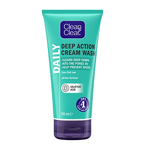 Clean & Clear Deep Action Cream Wash, 150 ml, lekki i kremowy płyn do mycia twarzy z mentolem dla odświeżenia skóry, delikatna pielęgnacja twarzy z silnymi efektami
