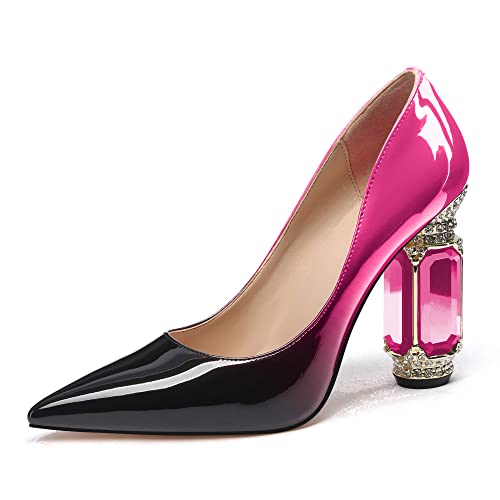 Image of JANSEVEN Women Chunky Heels Pumps Crystal Block Heels with Rhinestones Pointed Toe Sexy Gradient Patent Leather Slip on Bridal Party Wedding Dress Shoes 5-13 M US