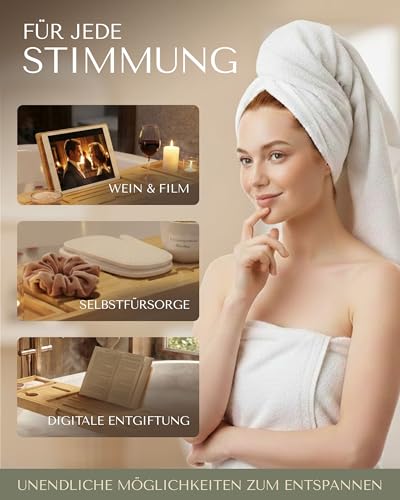 Jageris Badewannenablage aus Bambus mit 17er Relax Set - Ausziehbar 75-105cm - inkl. Playlist, Spa-Set, Tablet, Handy - Getränkehalter, 10 Teelichter - Wasserabweisend & rutschfest - Badewannenbrett