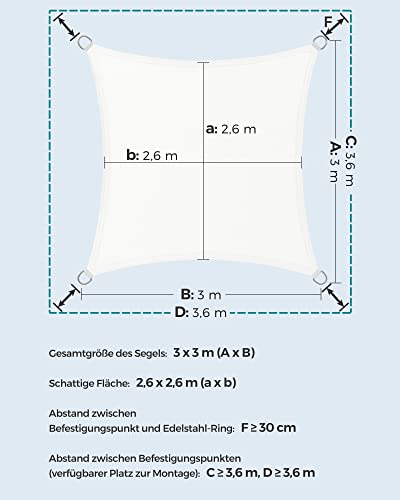 SONGMICS Sonnensegel 3 x 3 m, wasserdicht, 665 mm Wassersäule, Sonnenschutz aus reißfestem Polyester, 93% UV-Schutz, Terrasse, Garten, Balkon, quadratisch, 2 m Seile, Weiß 5