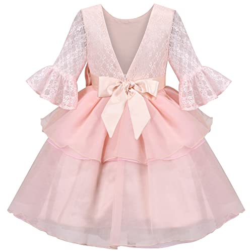 Sunny Fashion Flower Girls Dress Pink Lace Butterfly Backless Party Long Flare Sleeve2