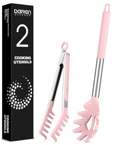 Spaghetti Spoon and Pasta Tong, Non-stick Silicone Spoon Server Fork With Teeth and Stainless Steel Handle, Food Clip for Noodles, Pink