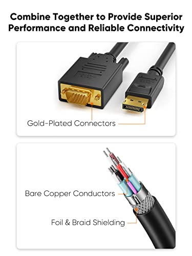 Cablecreation Displayport To Vga Cable 6Ft, Dp To Vga Cable Gold Plated 1080P@60Hz, Standard Dp Male To Vga Male Cable, Black Color #TOP2