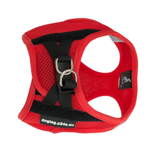 P24S SMART Step-In Hundegeschirr mit 2 kostenlosen personalisierte Namensaufkleber Klettsticker Wunschetikette für kleine Hunderassen mit Digital Hundefinder Dienst (Rot, S (Brust 46-57 cm))