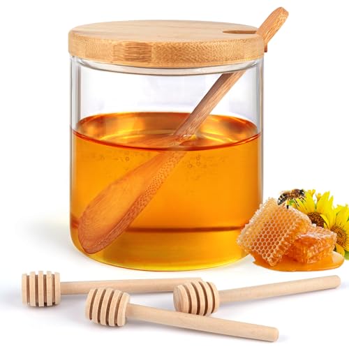 Gasgimos BEAUTIFUL HONEY DISPENSER Honey Pot With Honey Sticks, Glass Honey Dispenser, One Honey Dipper And Three Honey Sticks Set 10 Oz, Honey Dispenser No Drip Glass, Honey Jar cover