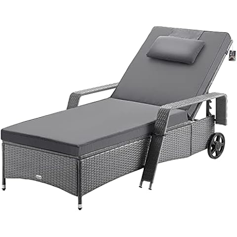CASARIA Wheeled Polyrattan Sun Lounger with Cushion Cover