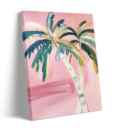 Palm Tree Watercolor Painting – 11x14Inch Tropical Art Decor, Minimal Pink Green Botanical Watercolor Wall Art, Green Palm Tree Home Decor, Summer Beach House Artwork Ready to hang（Framed）