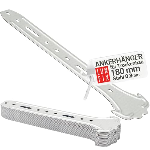 100 Stück 180 mm Ankerhänger für Trockenbau | Für CD-Profile 60/27 | 0,8 mm Stahlblech | Korrosionsbeständig | Verzinkt | Deckenkonstruktion