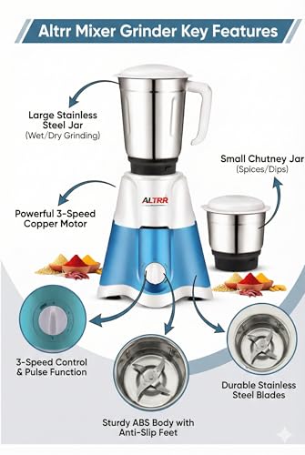 Image of 750W Mixer Grinder with 1x400 ml Stainless Steel Jar | High Power Turbo Motor | 3 Speed Control | ABS Body | Compact & Durable Kitchen Mixer