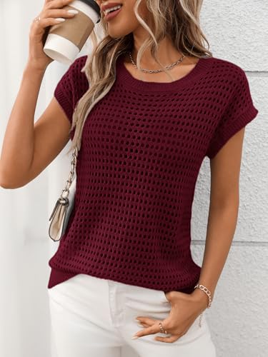 Image of Womens Crochet Cap Sleeve Sweater Summer Crew Neck Casual Hollow Out Knit Tops Pullover Trendy Beach Cover Ups Outfits