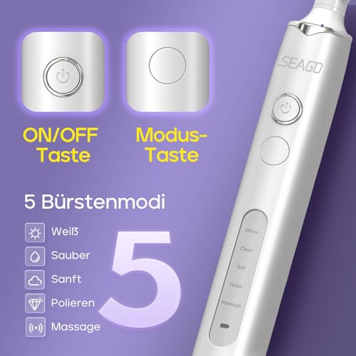 Seago Elektrische Zahnbürste mit 8 Runder Aufsteckbürsten, Rotierende Elektrische Zahnbürste mit 5 Putzmodi, Elektrisch Schallzahnbürste Zahnaufhellung in 14 Tagen, für Erwachsene Kinder(Weiß) – Bild 5