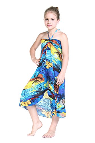 Matching Hawaiian Luau Mother Daughter Halter Dress in Sunset Blue4