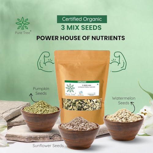 Image of Pure Tree Certified Organic Pumpkin Seeds, Sunflower Seeds, Watermelon Seeds | 850 g | Rich Source Of Magnesium | 3 Seeds Mix for Eating | Crunchy Snack, Diet Snacks, Mix In Salad