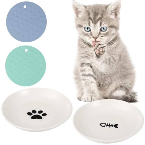 Futternäpfe für Katzen, 2 Packungen Futterteller für Katzen mit 2 rutschfesten Silikonmatten, stressfreie Katzennäpfe für Schnurrhaare, breit und flach, Nass-...