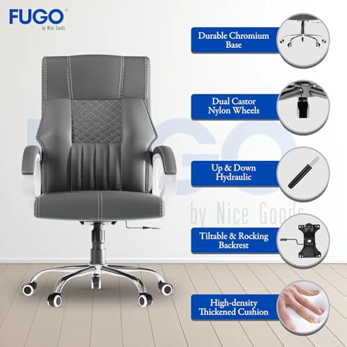 Image of FUGO FG21 Orthopedic Boss Chair with 3-Years Warranty, Executive Office Chair, Ergonomic High-Back Chair-Cushioned Seat & Armrests, Metal Base, Rocking Movement (Grey)