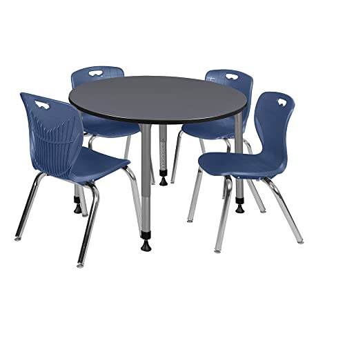 Romig Kee Round Classroom Activity Table & Chairs Height adjustable1, 48 x 48, Chrome|Grey|Navy Blue