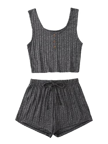 Image of SOLY HUX Women's Button Front Ribbed Knit Tank Top and Shorts Pajama Set Sleepwear Lounge Sets