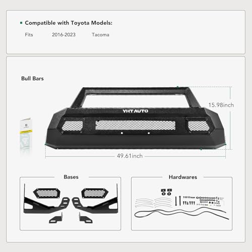 Image of YHTAUTO Bull Bar Front Bumper for Toyota Tacoma 2016-2023 | w /o Winch Frame & w / Skid Plate & Light Mount | Heavy Duty Steel Textured Black Push Bar, Brush Guard for Truck Grille Guard