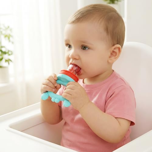 Image of BabyGo Silicone Baby Fruit Nibbler & Teether with Rattle Handle | Soft Feeding Feeder for Fruits | Easy Grip Self-Feeding Teething Pacifier & Teether for Babies 6-12 Months | Multicolour | Pack of 1