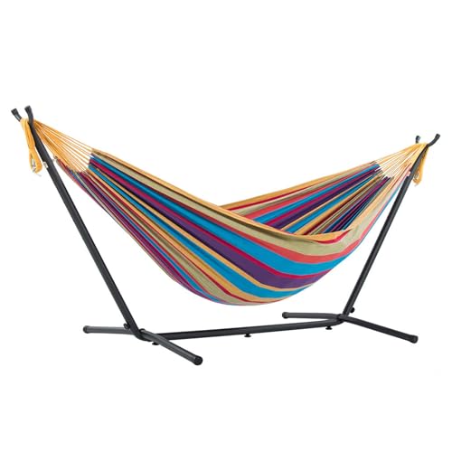 Vivere Double Cotton Hammock with Space Saving Steel Stand, Upgraded Polyester End Strings 450 lb Capacity - Premium Carry Bag Included - (Tropical)
