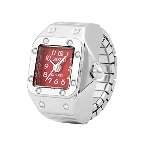 Men Women Ring Watch Couple Watch Ring Analog Quartz Watch Arabic Numerals Dial Elastic Band Creative Finger Watch Ideal Gift for Birthday Valentine's Day (Red)