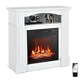 Tangkula Electric Fireplace Mantel, Freestanding Wooden Surround Firebox with 1400W Fireplace Heater, Remote Control, Thermostat, 3D Flame Effect, 6H Timer, Overheat Protection