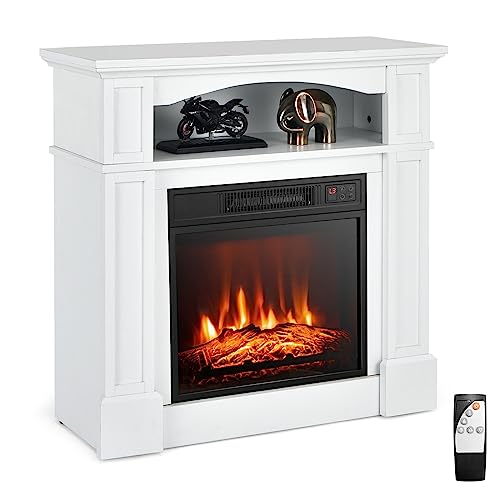 Tangkula Electric Fireplace Mantel, Freestanding Wooden Surround Firebox with 1400W Fireplace Heater, Remote Control, Thermostat, 3D Flame Effect, 6H Timer, Overheat Protection