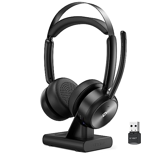 EMEET Wireless Headset, HS80 Bluetooth Headset with Noise Canceling Microphone, 46 hrs Work Time, Charging Base, Mute Button, 2.4G Wireless Dongle/USB, Wireless Headphone for PC/Call Center/Zoom/Skype