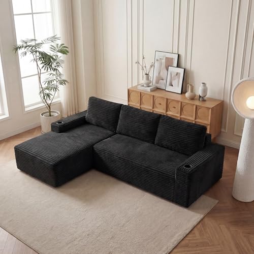 Image of 104 inch L Shaped Boneless Sectional Couches for Living Room, Comfy Corduroy Floor Cloud Sofa with Chaise and Cup Holder, Wide Armrest, Deep Seat, Assembly Free, Ideal for Small Spaces, Black