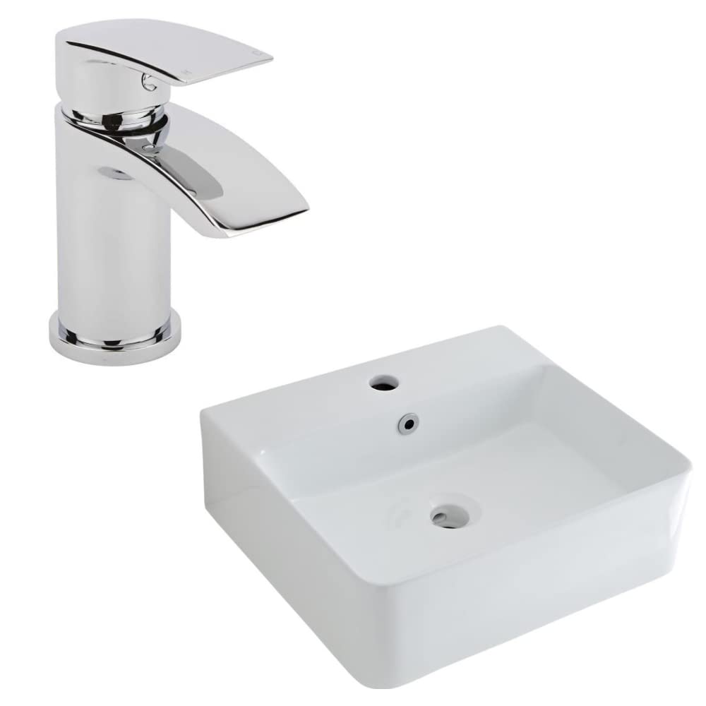 Milano White Farington Rectangular Countertop Bathroom Basin Sink Mono Mixer Tap - 460Mm X 420Mm