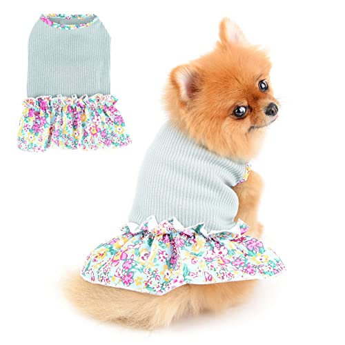 PAIDEFUL Dog Flowers Dress for Small Medium Dogs Cats Female Girls Soft Cotton Vest Tee Ruffled Skirt Breathable Tank Tops Puppy Chihuahua Yorkie Clothes T Shirts Pet Spring Summer Wearing Green XS