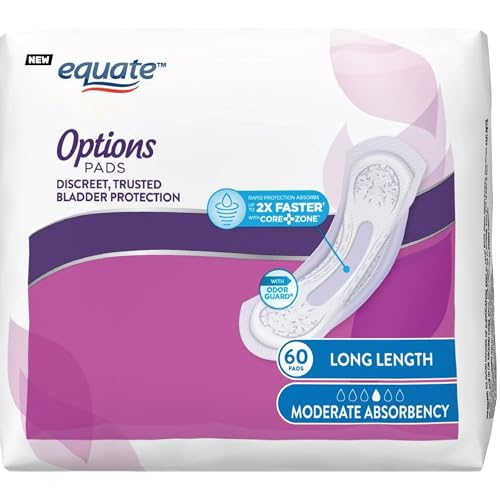 Equate's Options Women's Incontinence Pads, Moderate Absorbency, Long Length, 60 Count