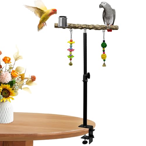 Image of 18-27 Inch Height Adjustable Bird Perch Pepper Wood Desktop Bird Training Perch Stand with Feeding Cups and Swing Toy Parakeet Perches Indoor and Outdoor Parrot Stand for Small to Medium Birds