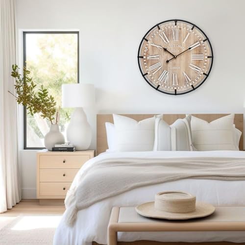 Image of EMAX HOME 20 Inch Large Farmhouse Wall Clock, Rustic Antique Wood with Metal Circle and Large Engraved Numerals, Silent Battery Operated Wall Clock for Office Kitchen Bedroom Living Room