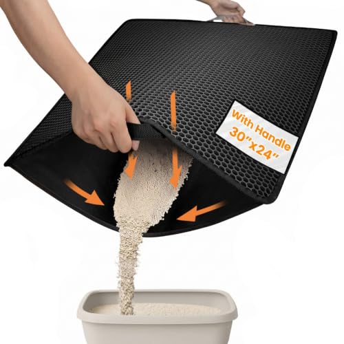 Cat Litter Mat-30"X24" Large Litter BoxTrapping Mat for Kitty EVA Honeycomb Double Layer Design, Urine & Waterproof with Handle Design Easier to Clean, Washable, Black