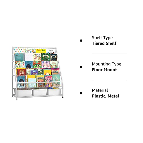 Jaq Kids Bookcases With Storage Bins, 6-Tier Metal Bookshelves Rack On Display With Storage Boxes Organizer In Study Room Playrooms Bedroom For Preschooler Children (6-Tier/37.01Inch ,White ) #TOP6