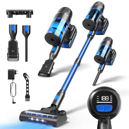 OMISOON Aspirapolvere Senza Fili, 550W/45Kpa/60Mins Aspirapolvere Senza Fili Potente, 5 Stadi Filtrati, Display LED, Modalità Automatica, Pavimenti
