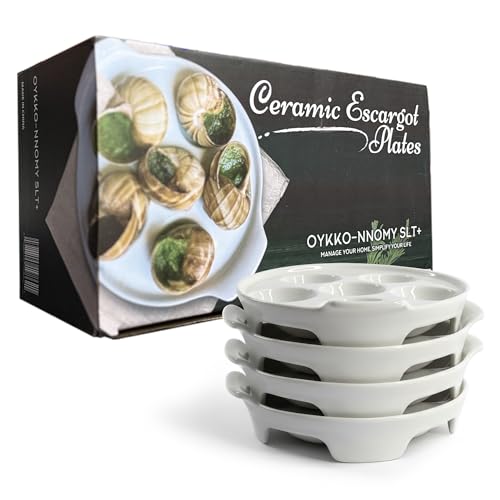 OYKKO-NNOMY SLT+ Set of 4 Escargot Baking Dish. Ceramic escargot dish with 6 extra-large and deep holes. Escargot holder with a 7.76-inch base. Escargot pan for oven use. Escargot plate for serving.