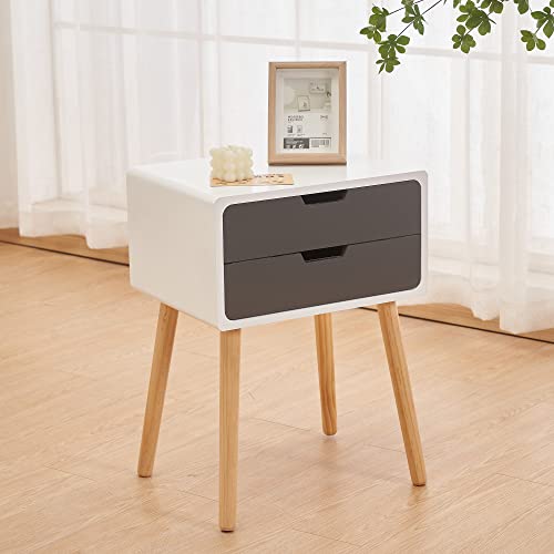 Modern Nightstands Set Of 2 Mid Century Side Table White With Drawers End Tables Living Room End Table 2 Pc Night Stands For Bedrooms Bedside Table Grey And White #TOP5