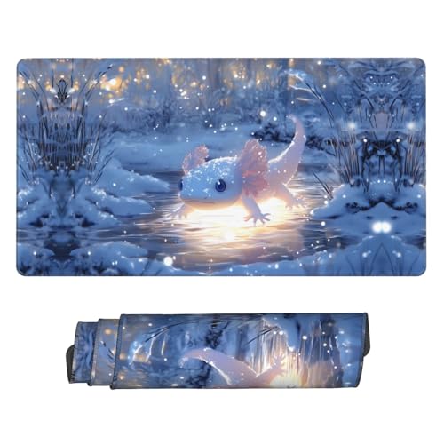 Large Gaming Mouse Pad - Winter Axolotl in Frozen Pond A Rubber Base Desk Mat, Desk Pad with Stitched Edges, Mousepad for Laptop, PC Keyboard Mouse Mat for Work Game Office 16x29.5in