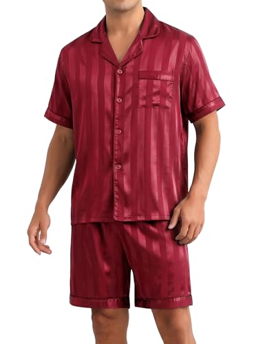 Sykooria Mens Pajamas Set Silk Satin Sleepwear 2 Piece Short Sleeve Loungewear Button Down Pj Set Red M